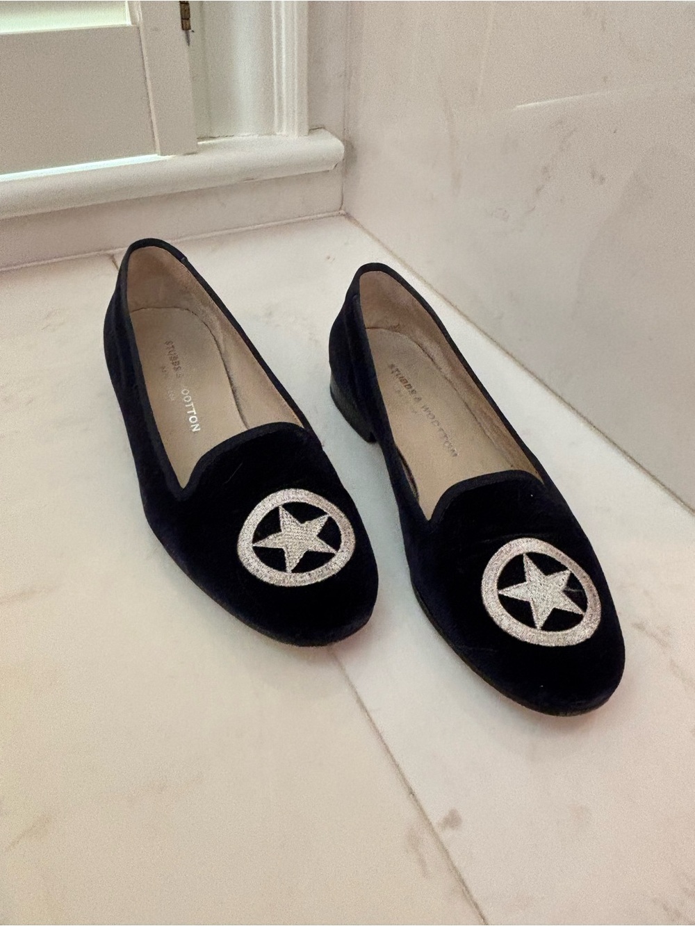 Navy Blue Velvet Stubbs & Wootton Loafers with Silver Star Emblem 9